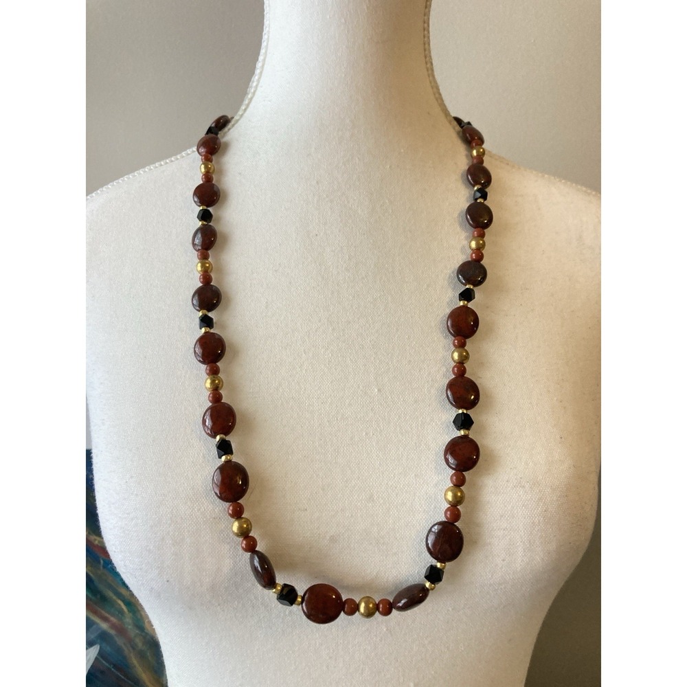 Earthy Tone Beaded Necklace Black Faceted Beads Gold Tone Rust Dark Romantic